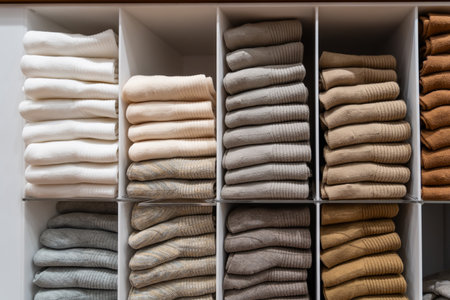 Stacks of socks and models of various colors pastel calm shades on a store shelf.の写真素材