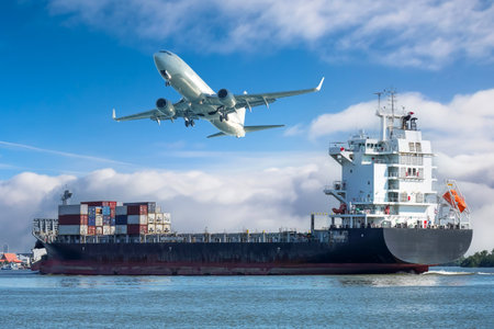 Ship with liquid cargo or containers floats along the river, an airplane taking off in the sky. Concept of cargo transportation by sea and airの写真素材