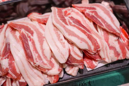 Bacon layer of lard fat various cuts of pork steaks, different parts of the body cutting meat for...