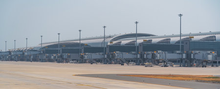 Airport terminal building empty parking lots for airplanes, panoramic view.の写真素材