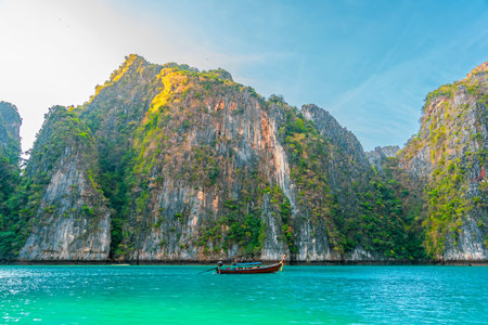 Exotic islands with turquoise water with a boat, panoramic view Maya Bay.の写真素材