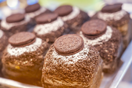 Lush chocolate cookies buns sprinkled with powdered sugar in a beautiful bakery showcaseの写真素材