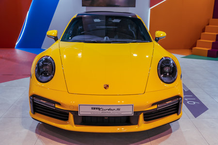 Seattle, WA, USA September 21, 2023 Porsche 911 Turbo S parked showing the front of the carのeditorial素材