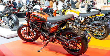 Red orange Ducati Scrambler motorbike. Thailand, Bangkok 14 march 2024.