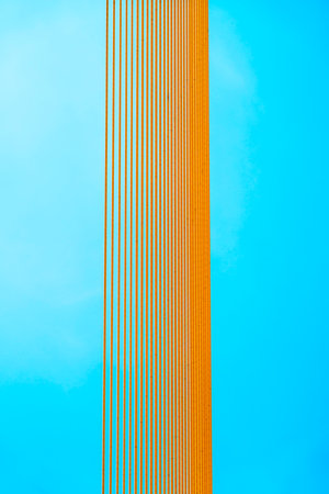 Vertical lines of metal steel cables of supports for a bridge in the sky in golden yellow color on a blue background.の写真素材