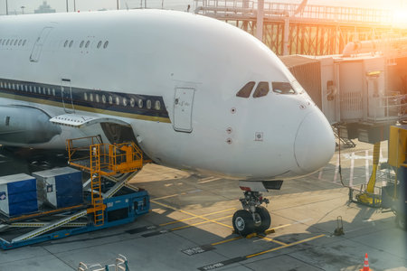 Huge airplane jet connected to terminal via jet bridge.