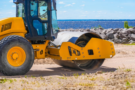 Vibration single-cylinder road roller. Soil Compactor for leveling ground for the foundation and on...