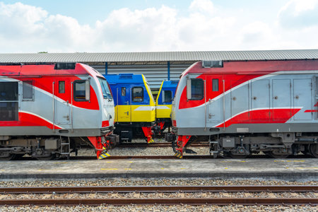 Head locomotive side view of the station platform and commuter train in the parking lot.の写真素材