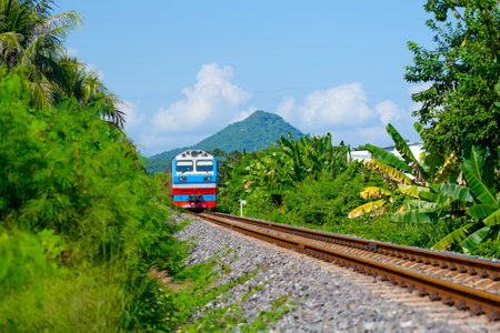 Freight train wagons container locomotive travels along the railway sunny day tropical jungle country hill landscape.の写真素材