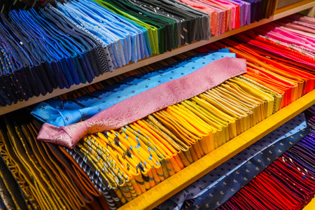 Ties of red shade and colorful tones with strict design pattern are folded in row in the window of fashionable mens clothing storeの写真素材