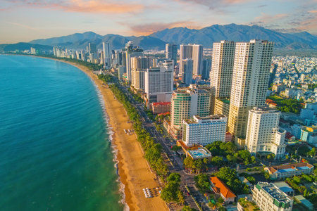 Beach overlooking aerial view city on the coast of Southeast Asia in the morning at dawn sunrise Nha Trang.の写真素材
