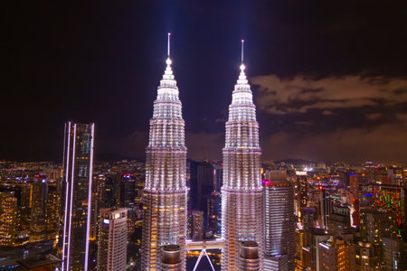 Aerial view Petronas Twin Towers shot at night in the capital of Malaysia, Kuala Lumpur.の写真素材