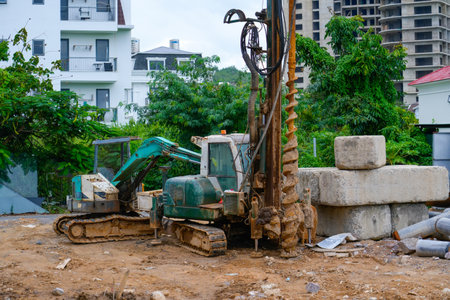 Hydraulic drilling machine at the construction site. Work drilling rig when driving bored piles.の写真素材