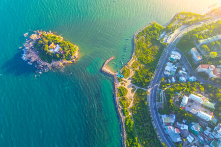 Beach Beautiful Hon Chong rock cape observatory country overlooking aerial view top Chua Tu Ton rocky outcrops off Nha Trang coast Hon Docoast Southeast Vietnam Asia in the dayの写真素材