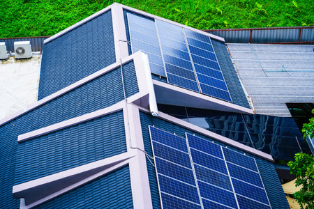 Rooftop solar panels gleam under the bright sunlight, contributing to sustainable energy. This...