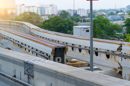 Switching change transition move direction track Inscription. Modern mass transit. Rail transportation. Driverless straddle monorail on concrete guideway beam conductor railの写真素材