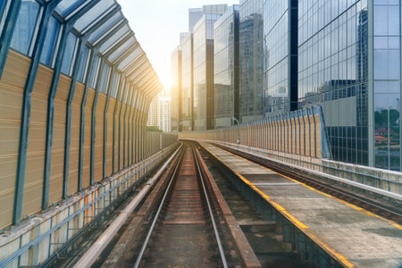 Train tracks stretch toward the horizon as sunlight breaks through the buildings of a modern city. The urban environment contrasts with the railway, highlighting progress.の写真素材