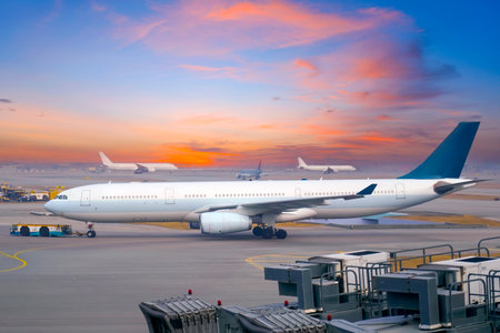 Passenger planes prepare for take off early in the morning at a major airport. Flights depart at dawnの写真素材
