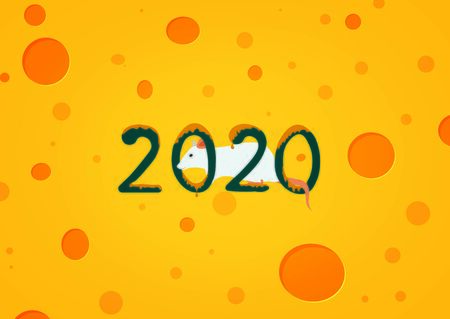 illustration of a rat on a background of digits 2020 with a cheese textureの写真素材