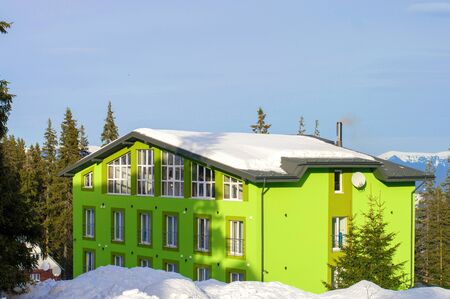 house in winter against the background of fir treesの写真素材