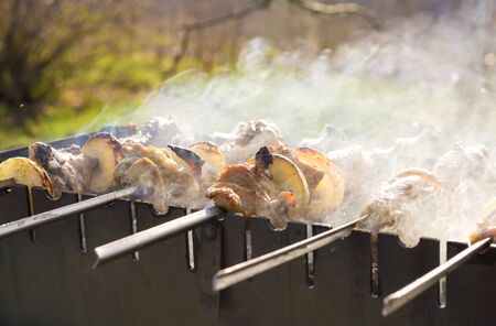 meat on skewers is prepared on the grillの写真素材