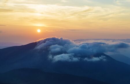 sunset in the mountains, beautiful Ukrainian landscapes, vacation, traveling, trekking in the wild, solitudeの写真素材