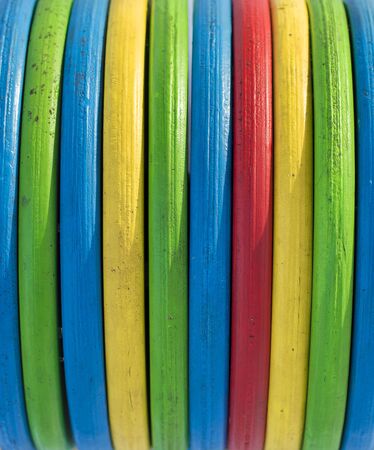 texture multicolored wooden stripes green yellow red blueの写真素材