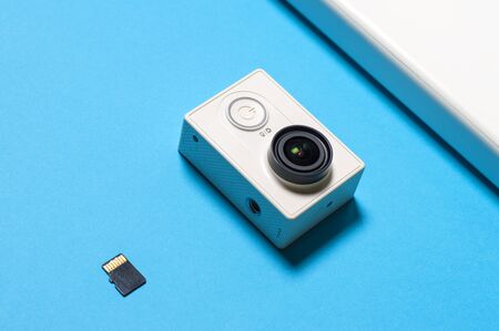 action camera on a blue backgroundの写真素材