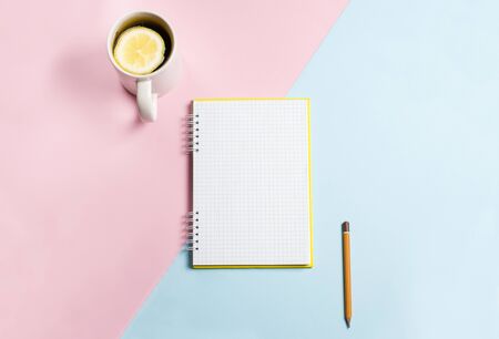 on a colorful background a mug with a notebookの写真素材