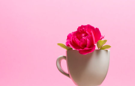 red rose in a cup on a pink backgroundの写真素材