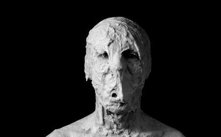 portrait of a shapeless distorted face on a black backgroundの写真素材