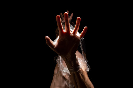 black and white photo, hands entangled in polyethyleneの写真素材
