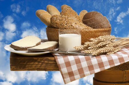 still life with bread and milkの写真素材