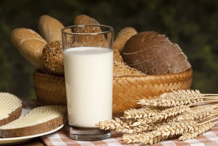still life with bread and milkの写真素材