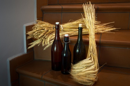 beer bottles and raw material fort beer productionの写真素材