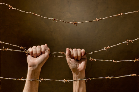 hand behind barbed wire の写真素材