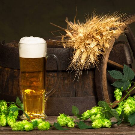 glass of beer with raw material for beer productionの写真素材