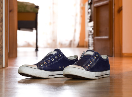 a pair of blue sneakers in the livingroomの写真素材