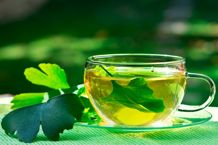 glass of herbaceous tea with ginkgo leavesの写真素材