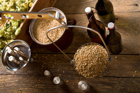 Man Weighs Malt for Home Brewing of Beer.  Top View.の写真素材