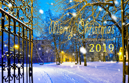 Christmas background with writing Merry Christmas and happy new year 2019の写真素材