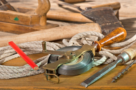 Old used tools in the joiner's shopの写真素材