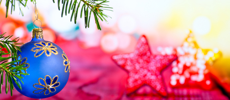 Blue Christmas Ball with Christmas Twig and Starの写真素材