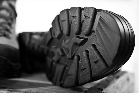detail of walking boots with grip soleの写真素材