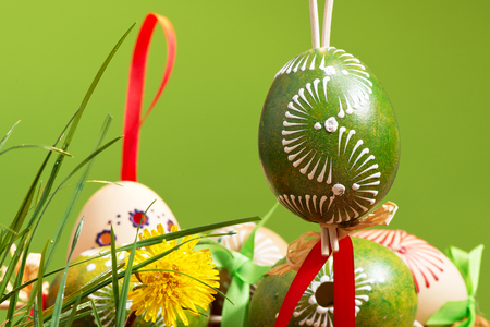 Painted easter eggs on the green backgroundの写真素材