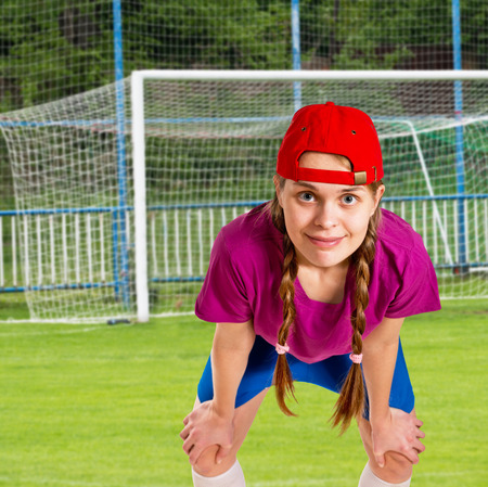 Portrait of a girl in a goalの写真素材