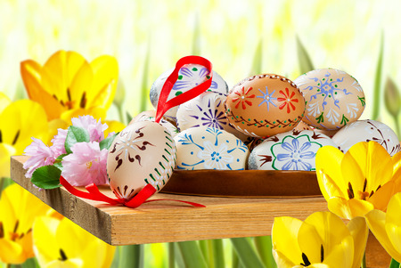 Painted Easter eggs with tulips in the gardenの写真素材