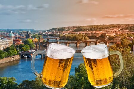Panorama of Prague with two glasses of beer.の写真素材