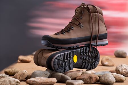 Pair of walking boots in the studioの写真素材
