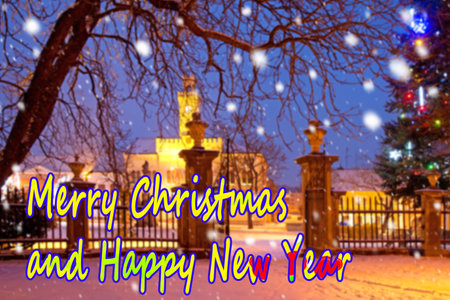 A town in the Christmastime in the snowfall. Merry Christmas and happy new year.の写真素材